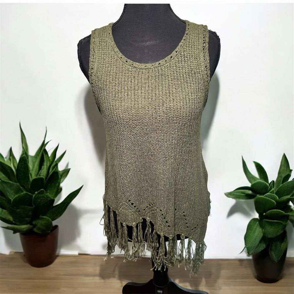 Hem & Thread Green Ribbed Asymmetrical Tank Top with Fringe